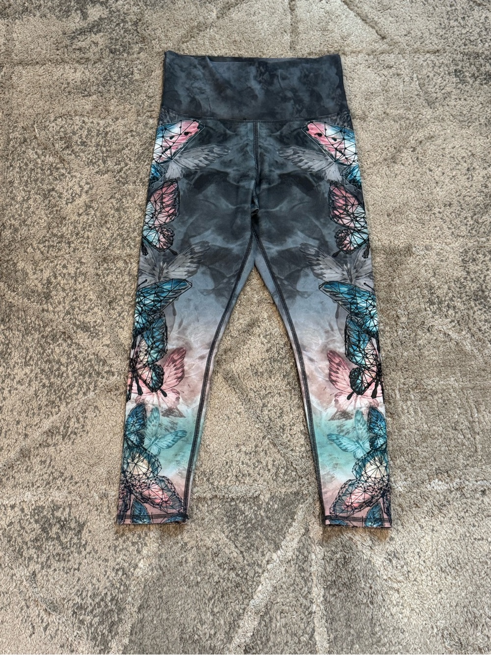 Evolution and Creation Gray Leggings with Pink & Teal Butterfly Print